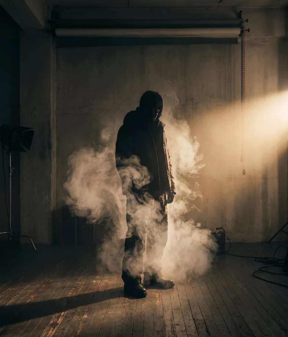 A silhouette dissolving into mist in a dark studio