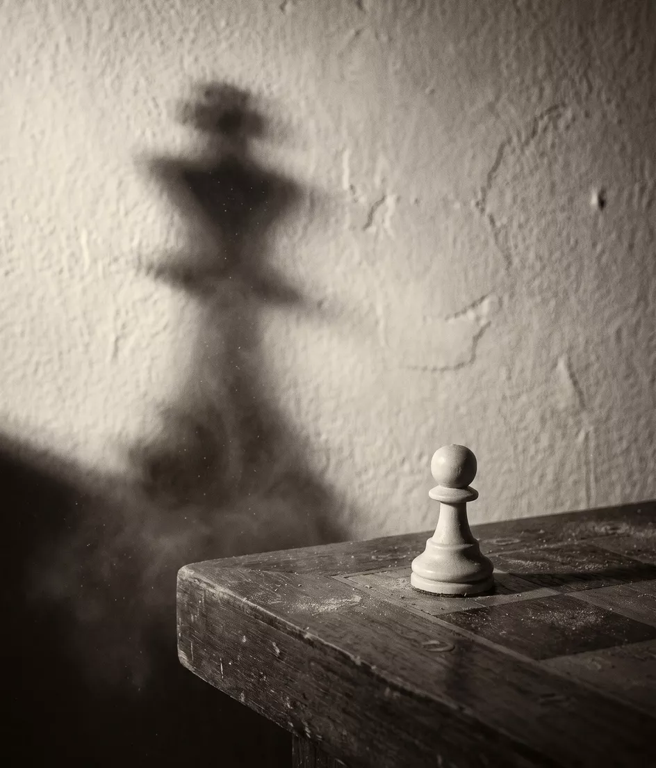 A chess pawn casting the shadow of a king