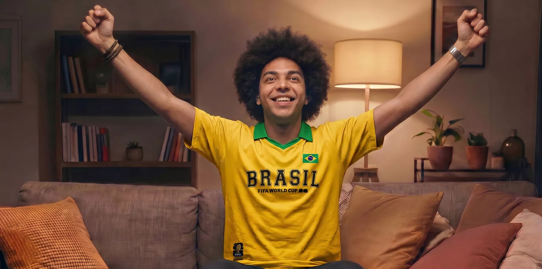 Fan in a Brasil FIFA World Cup jersey celebrating on a sofa